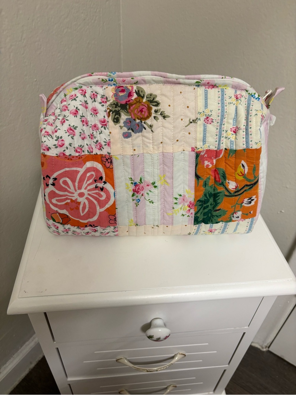 Patchwork Quilted Cosmetic Case - Pink & Orange Floral